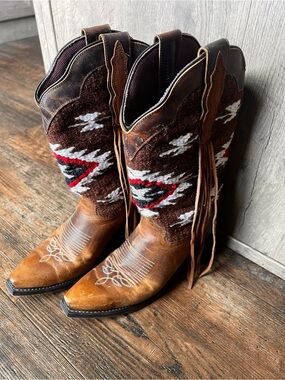 Laredo Brown Leather & Wool Aztec Cowboy Boots with Red and White Accents
